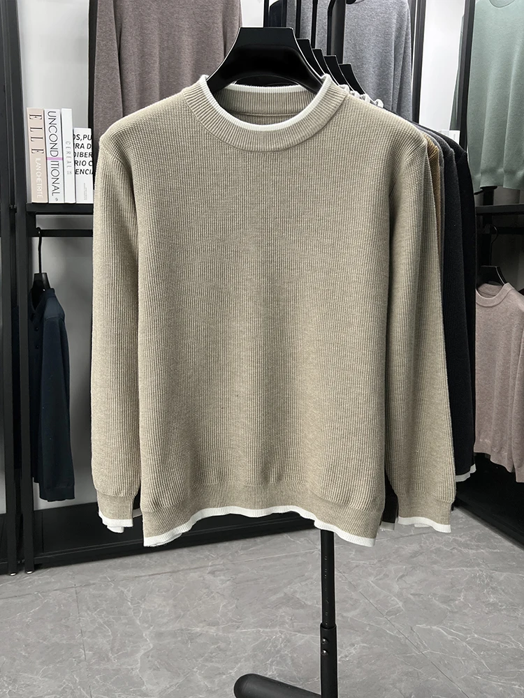 Personnalité Couleur unique hommes tricot col rond pull haute qualité lumière luxe nouveau mode confortable loisir pull