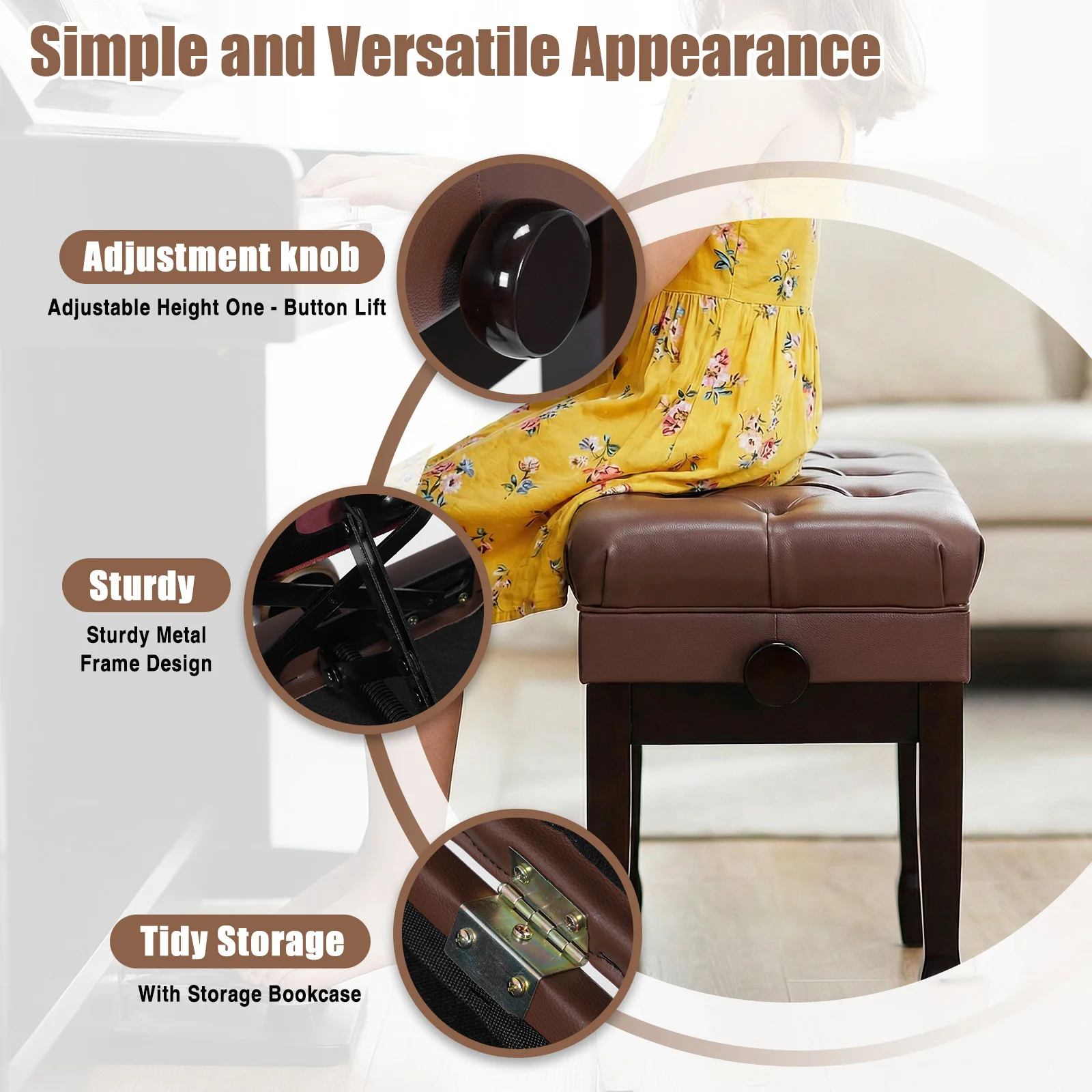 

Heavy Duty Keyboard Piano Seat with Bookcase PU Leather Cushion Piano Seat Breathable for Home/Music Room/Classroom