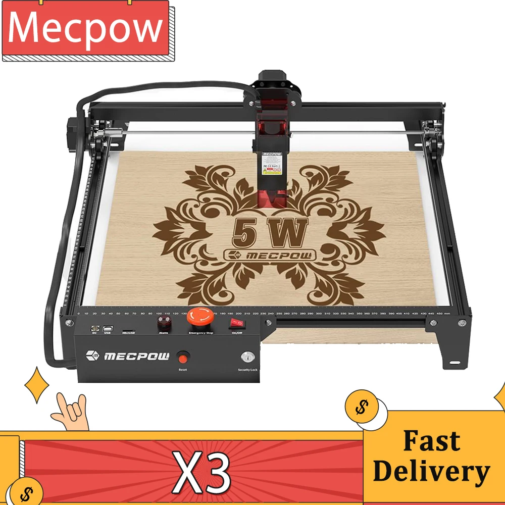 Mecpow X3 Laser Engraver, 5W Laser Power, Fixed-Focus, 0.01mm Accuracy, 10000 mm/min Engraving Speed, Safety Lock, 410x400mm