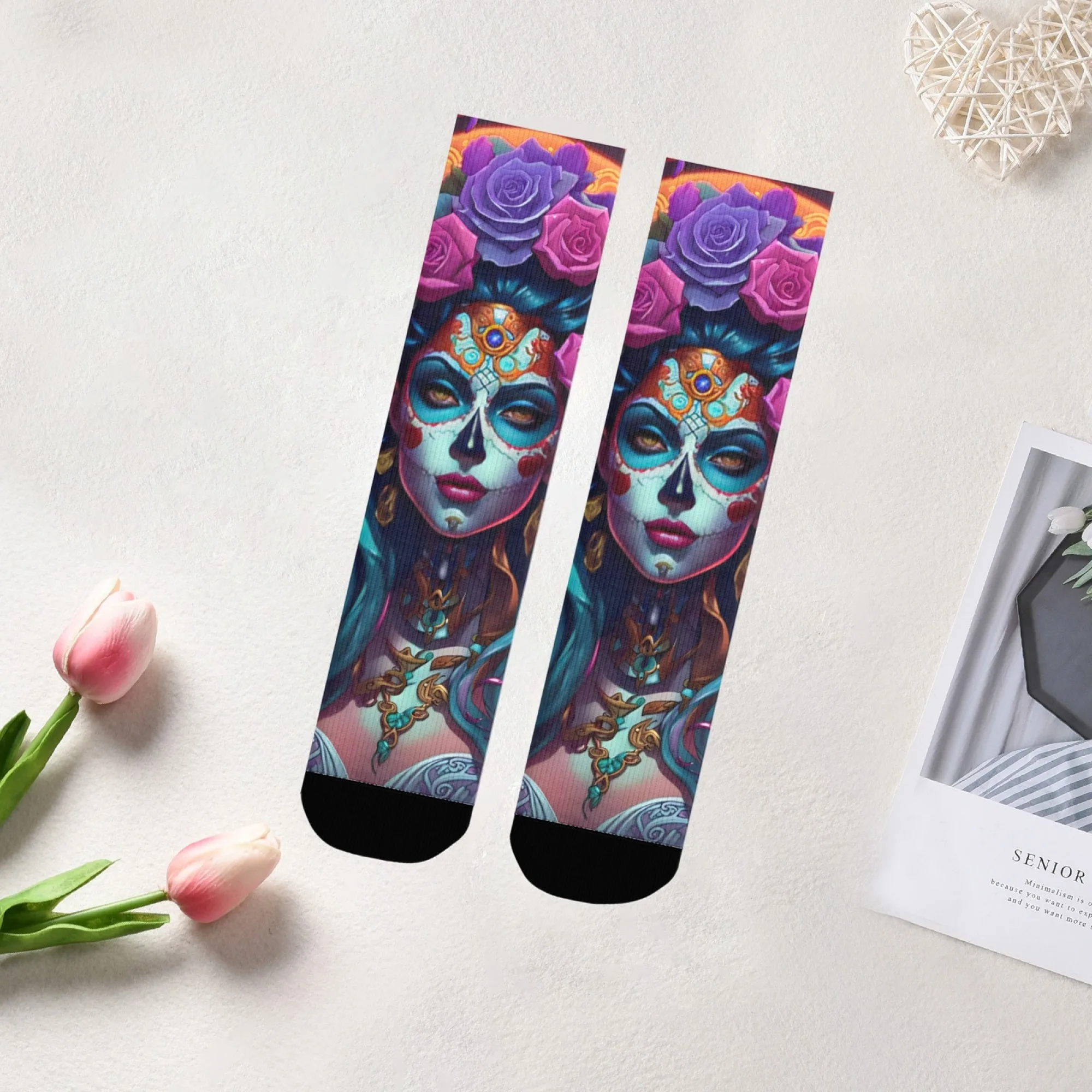 Day of The Dead Style Female Image Crew Socks with Sugar Skull Makeup & Rose Decoration Festive Cultural Celebrations Gift