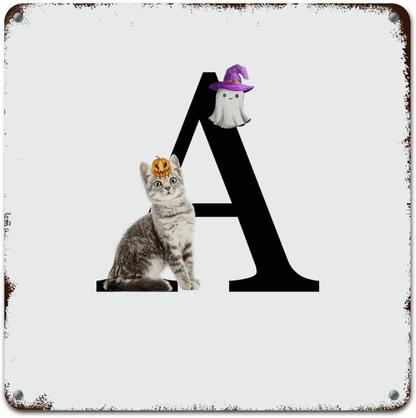 Custom Alphabet Letter Retro Metal Wall Hanging Sign Halloween Cat Initial Letter A Aluminum Metal Sign Halloween Monogram with