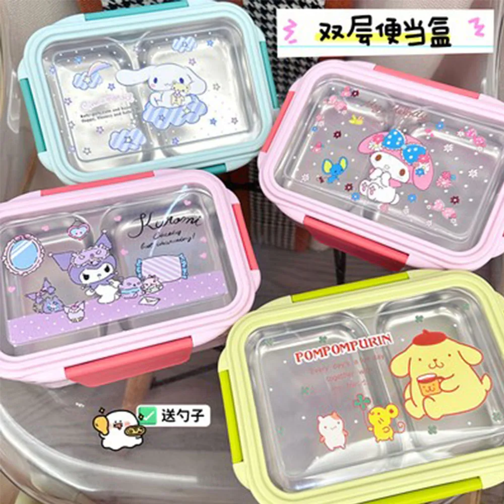 Cinnamoroll Melody Kawaii Anime Stainless Steel Lunch Box Students Office Cute Kurrom Cartoon Bilayer Keep Warm Lunch Box Gifts