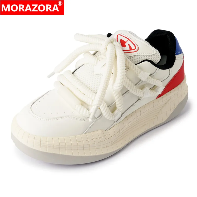 

MORAZORA 2024 New Genuine Leather Shoes Women Sneakers Lace Up Platform Shoes Solid Color Ladies Footwear Casual Shoes