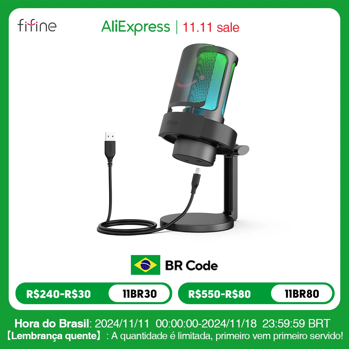 FIFINE-USB Microfone para Gravação e Streaming, Saída de Auscultadores, Botão Touch-Mute, Microfone com 3 Modos RGB, A8, PC e Mac