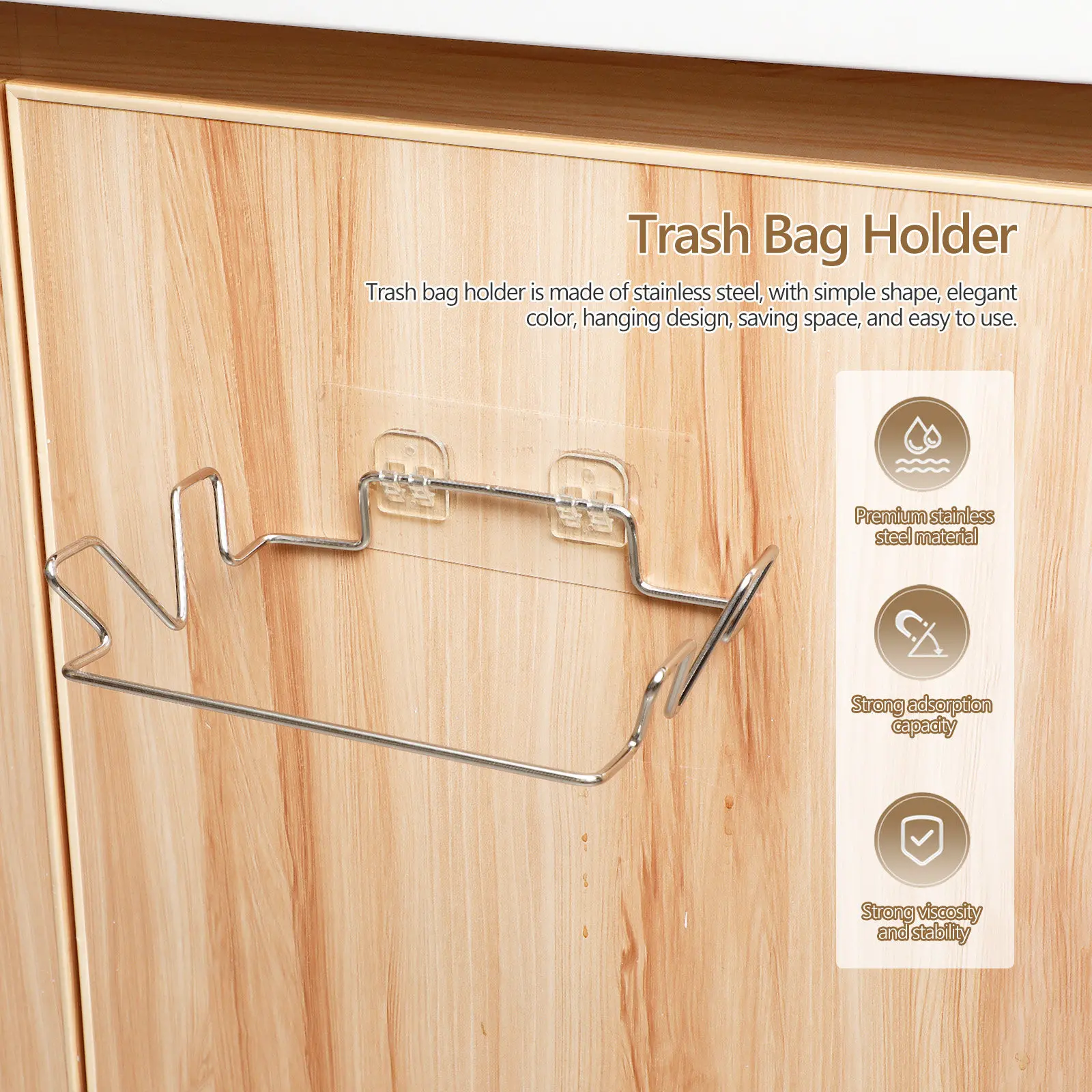 4Sets Trash Bag Holders Stainless Steel Heavy Duty Easy Install Stickers for Kitchen Bathroom Garbage Storage Rack