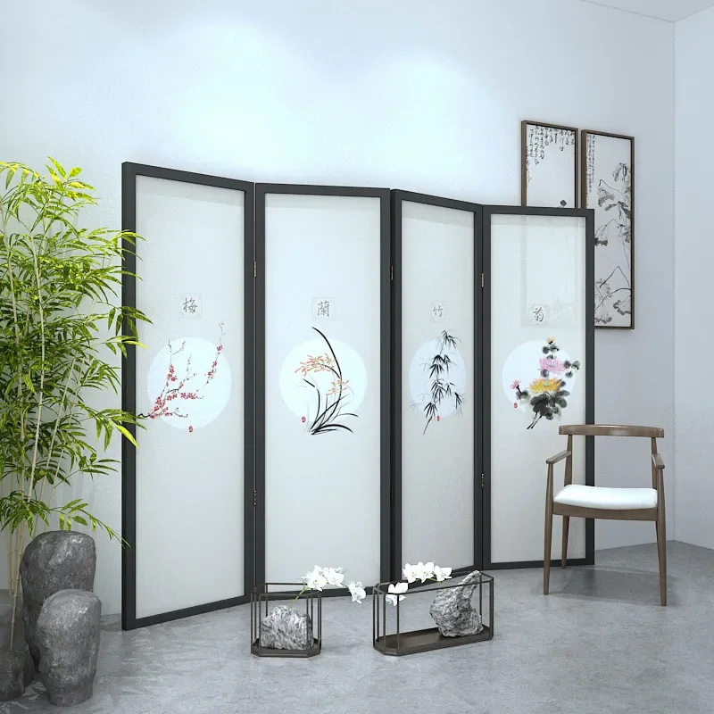 for Meilan Bamboo Chrysanthemum Folding Screen Chinese Solid Wood Semi-transparent Fabric Partition for Living Room Hotel