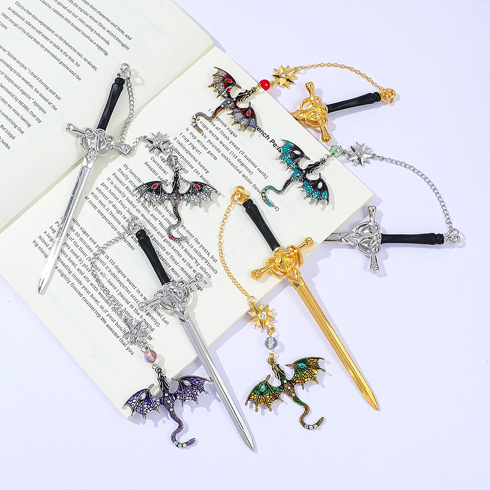 Zakładka do książki w stylu fantasy, miecz, smok, metalowa, w stylu vintage, zawieszka, prezent dla nauczyciela, miłośników książek, akcesoria do czytania, artykuły szkolne.