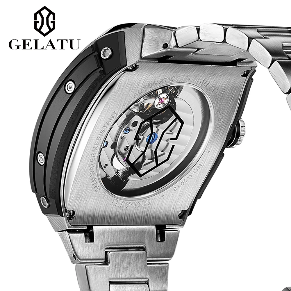 GELATU 6013 Brand Men Automatic Mechanical Watch Unique 50m Waterproof Week Date Multifunctional Dial 316L Steel Watch