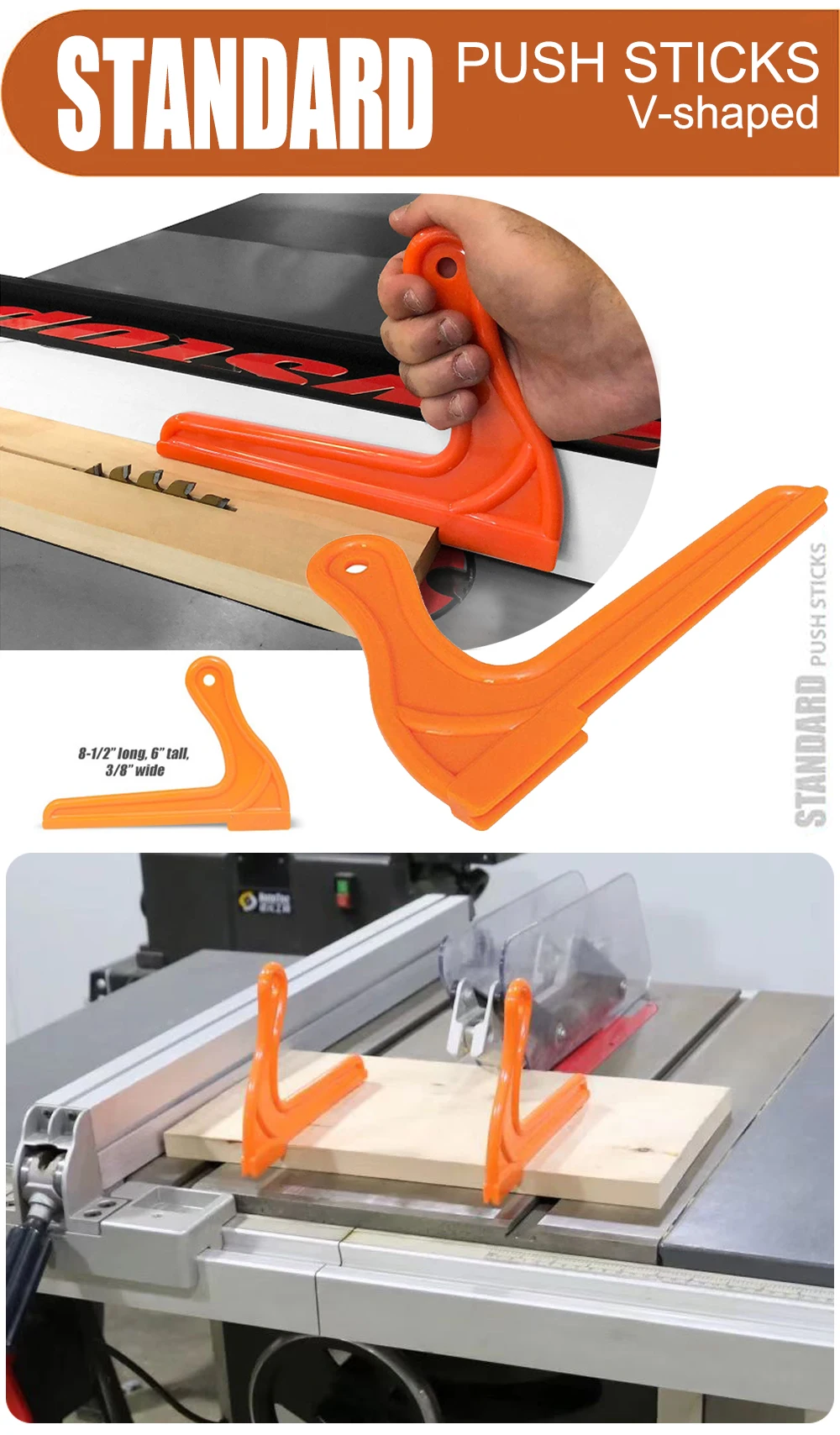 Push block umiestnený blízko pílového kotúča pre bezpečnostnú ukážku