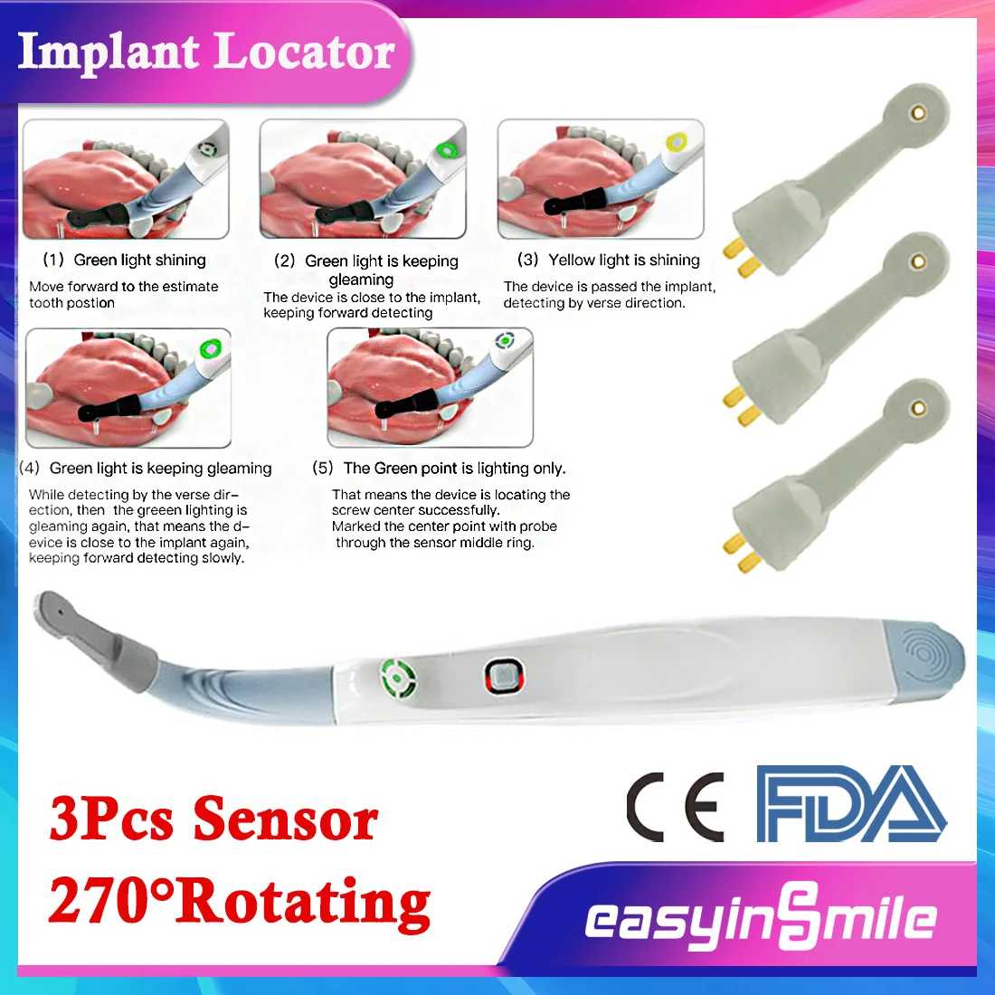 EASYINSMILE Dental Tooth Planting Detector Implant Locator 270℃ Spotting Rotating Finder + 3 Pcs Sensor Head