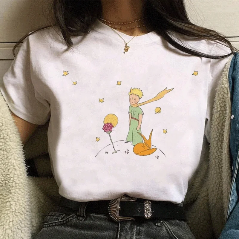 New Earth Space Little Prince Patterned Short Sleeves Fashion Harajuku Kawaii Shirts Cartoon Women Blusas Clothing Streetwear