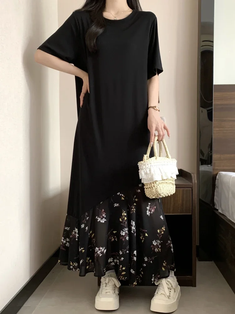 

2024 Summer New Korea Woman Dress Vestidos Robe Elbise Loose Plus Size Cotton Patchwork Floral Hem Short Sleeve Long Dress