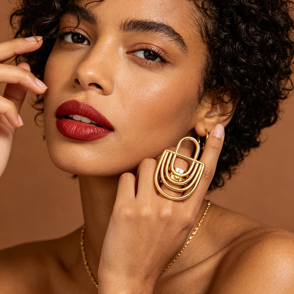 Women's 18K Gold Plated Multi Layer U Shape Earring Ring Set