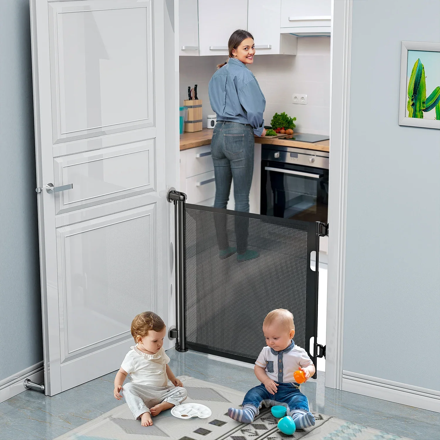 Punch-Free Install Retractable Baby Stair Gate Dog Gate for Indoor and Outdoor No Punching and No Wall