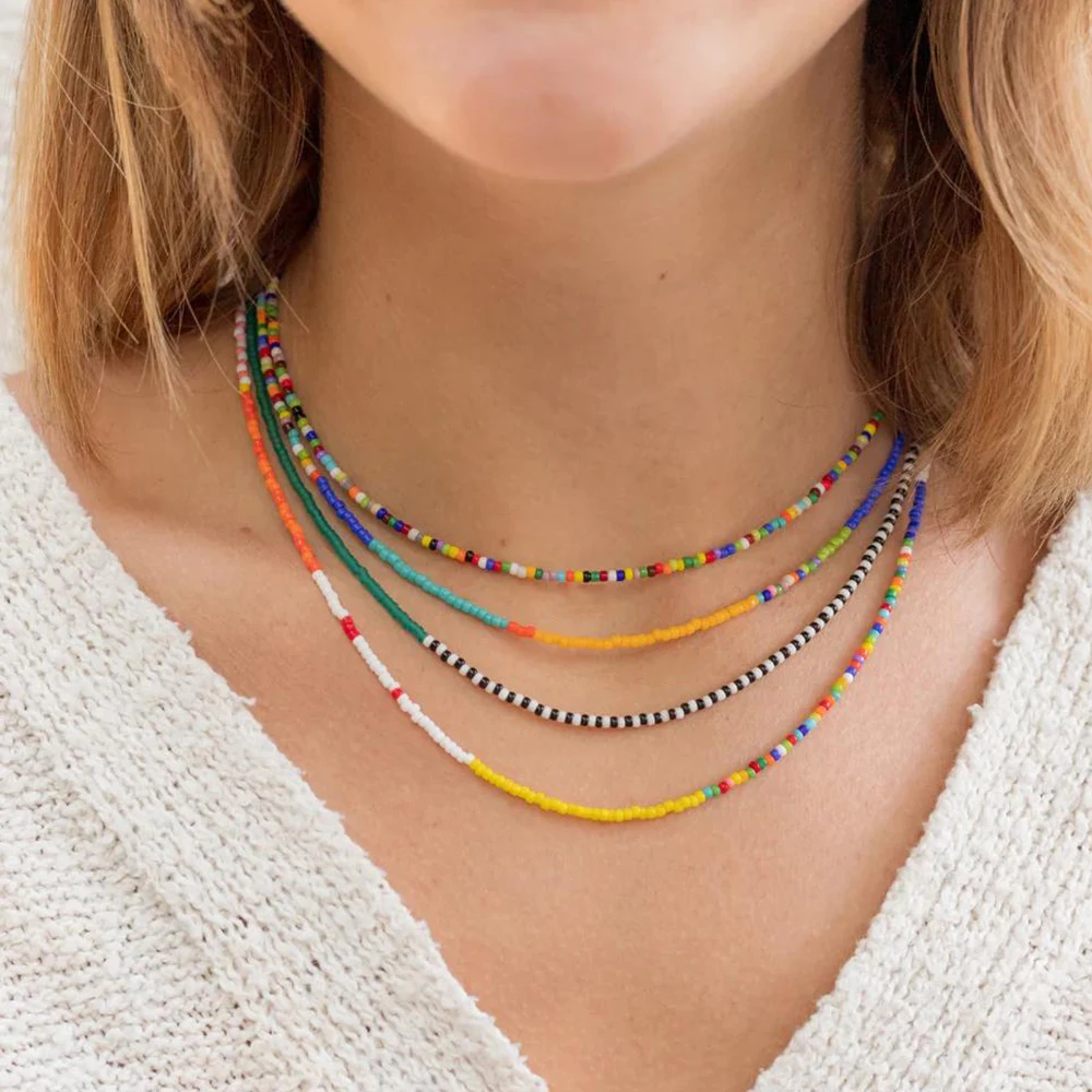1 PC Boho Multicolor Beaded Necklace for Women Girls Layered Choker Summer Beach Jewelry Handmade Fashion Accessories