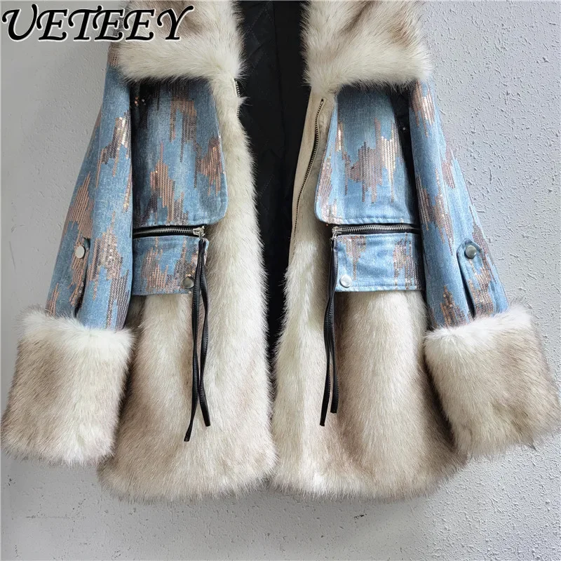 Personality Affordable Luxury Lapel Design Faux Fur Coat Winter Furry Stitching Sequins Denim Loose Slimming Puffer Jacket