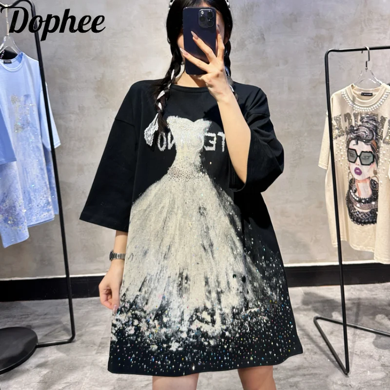 Trendy Shiny Wedding Dress Hot Drilling Women Short Sleeve T-shirt Harajuku Oversize Top Luxury Rhinestone Casual Cotton Tees