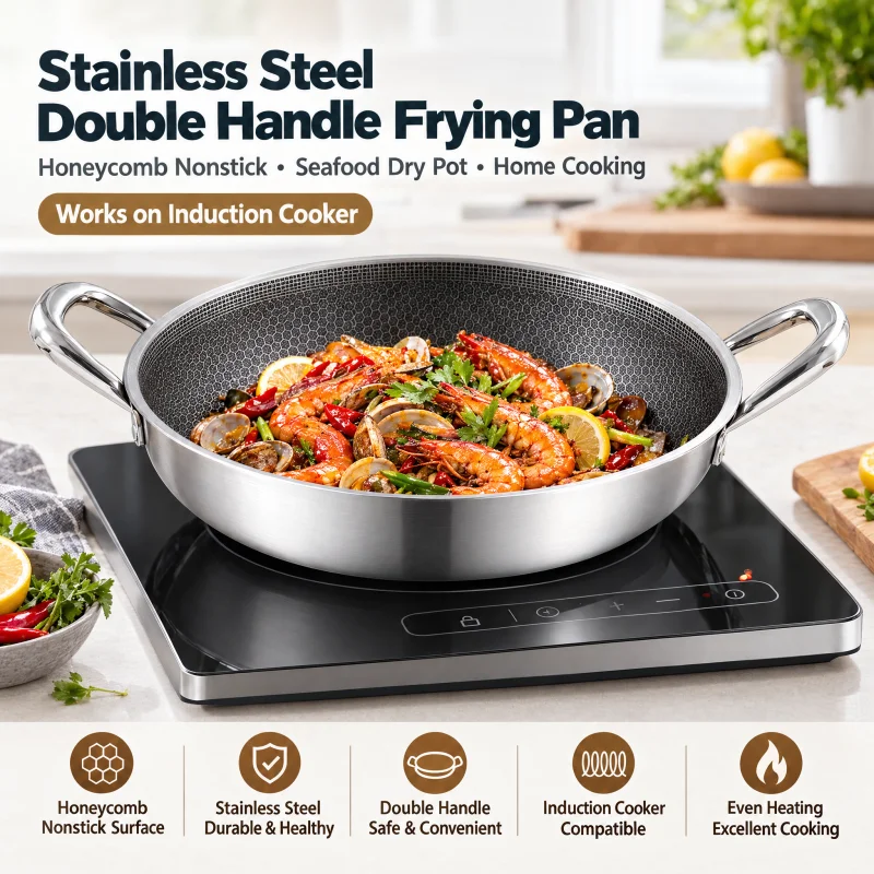304 Stainless Steel Hybrid Non Stick Flat Bottom Frying Pan Safe Double Ears Metal Home Steak Fried Egg Honeycomb Cooking Pan