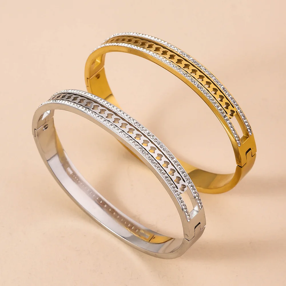 Nieuwe holle dubbele rij zirkoon gesp open roestvrijstalen armband, niet vervagend, prachtige damessieradenaccessoires