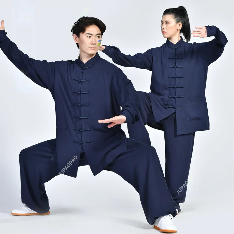 Chinese Traditional Clothing Set Man Fall Linen Buckle Kung Fu Shirt Oriental Retro Top Pants Tai Chi Breathable Uniforms HanfuA