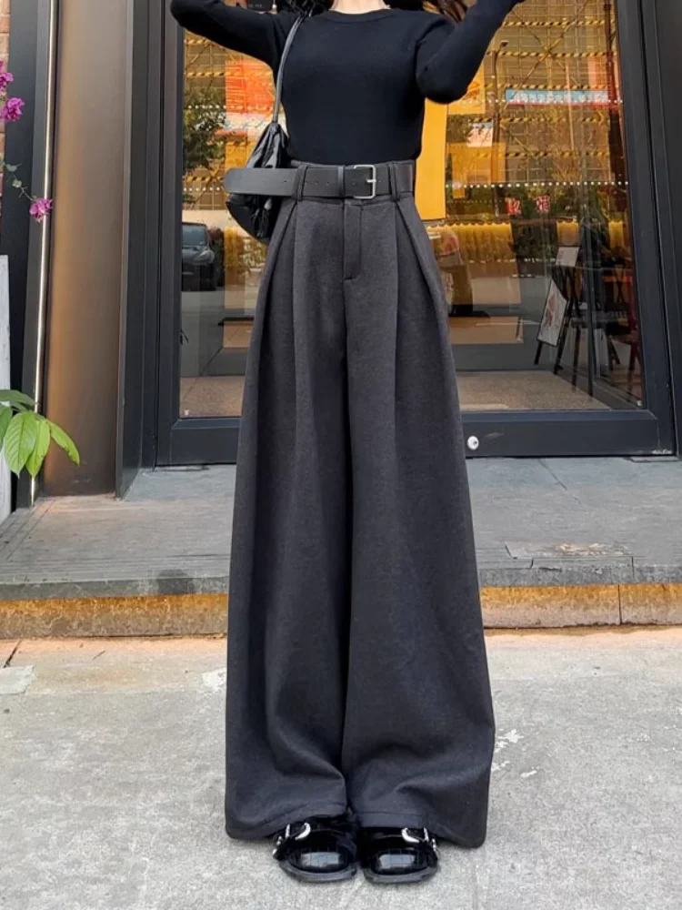 

Women Wide Leg Pants Plush And Thickened Gray Suit Pants Women's Autumn And Winter Pleated High Waisted Straight Pants