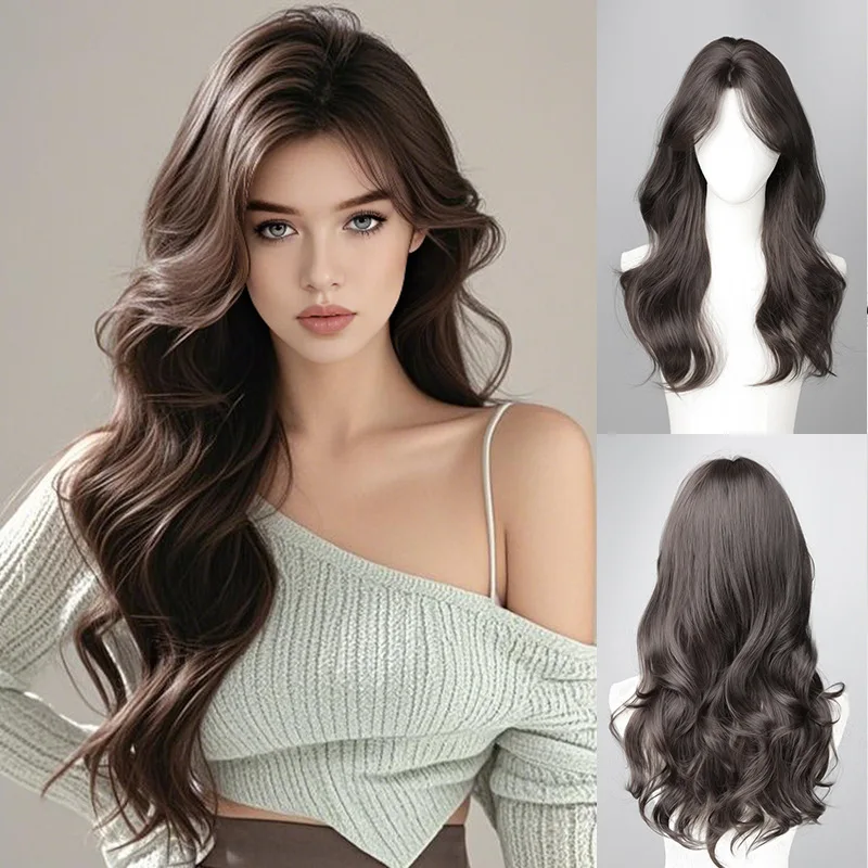 

Female long hair black brown medium long curly hair big wave simulation hair natural wig big wave full hood