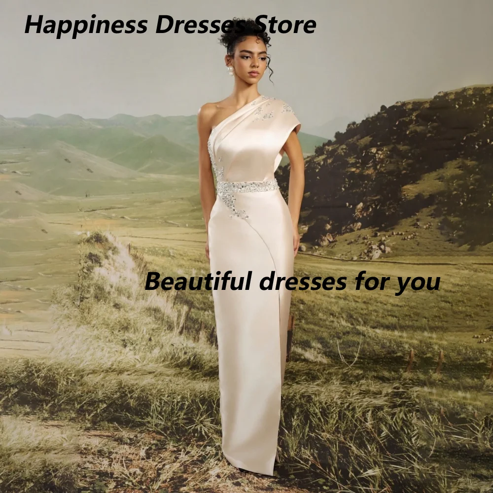 Customized Champagne One Shoulder Satin Mother Of Bride Dresses Rhinestone Belt High Slit Sheath Formal Wedding Guest Gown