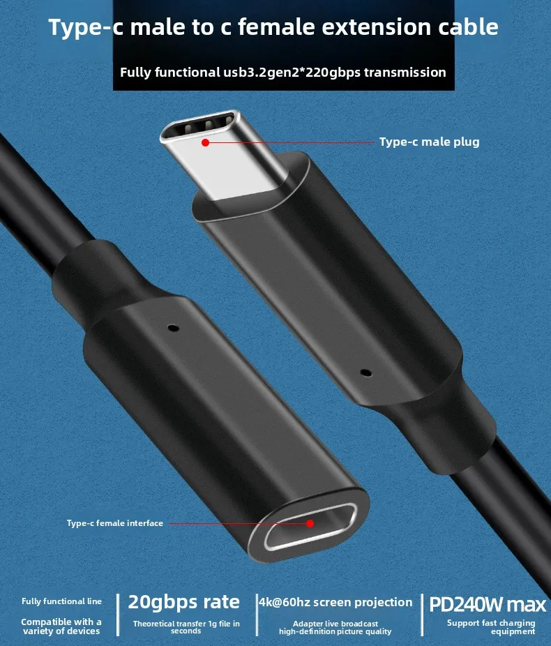 Typ-C-Verlängerungskabel, USB 3.2 20 Gbit/s-Adapterkabel, Display für Computer-Festplatten, 4K-Projektionskabel
