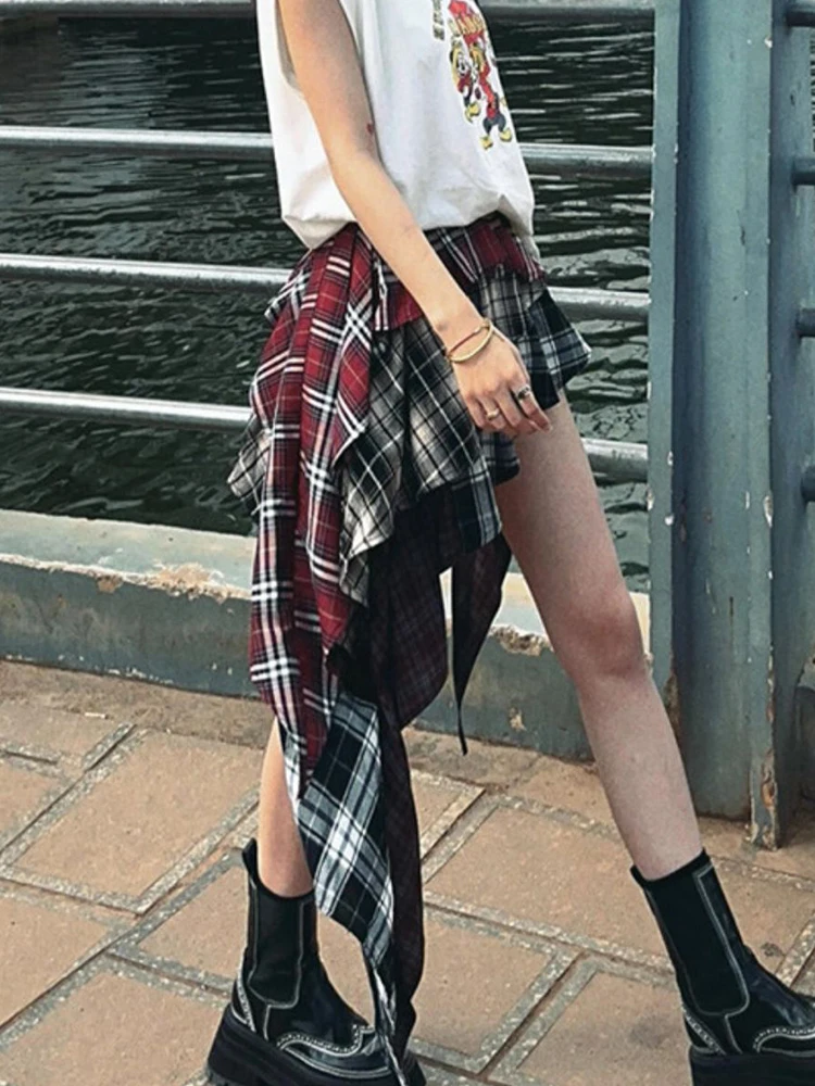 DEAT Fashion Women's Plaid Skirt High Waist Contrast Color Irregular Hem Designer Ankle-length Skirts Summer 2024 New 29L7736