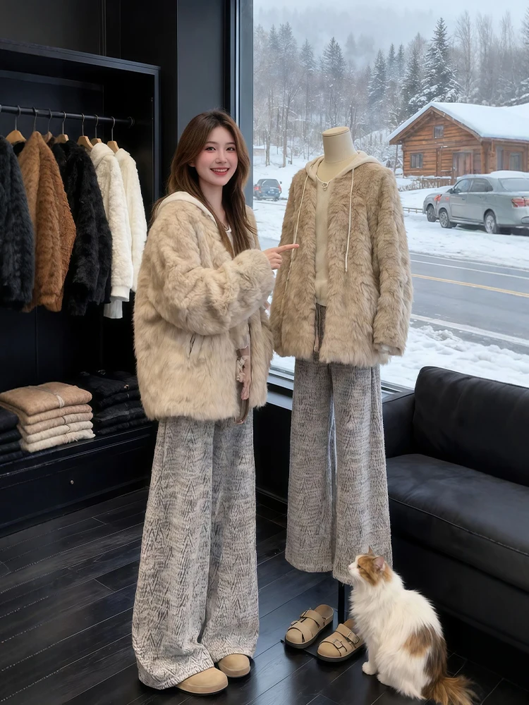 

plus Size Winter Faion Set Korean Sle Thiened Fur Jaet Wide Leg Pants Women's Ensemble Warm Casual High Waist Polyester
