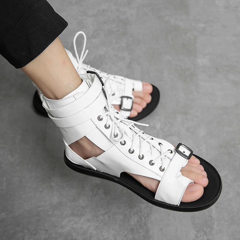 

Summer New Fashionable Men Sandals Lace Up Outwear Breathable Versatile British and Roman Sandals Black and White Size 38-45