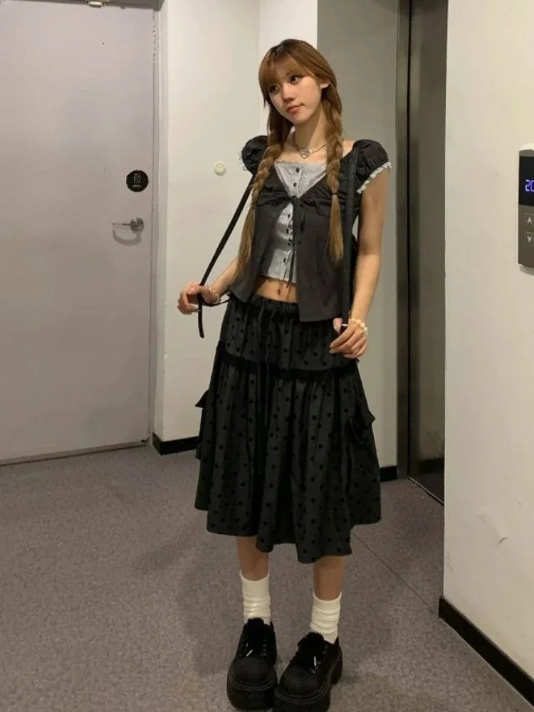 New Vintage Aesthetic Grey Design Polka Dot Skirts Women American Retro Cute Skirts Japanese A-line Lace Fashion Casual Clothes