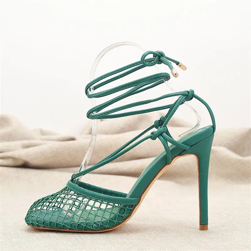 Mesh Knot Sexy Green Oversized Ultra-High Slender Heel Cross Thin Strap Strap Wrapped Sandals For Women