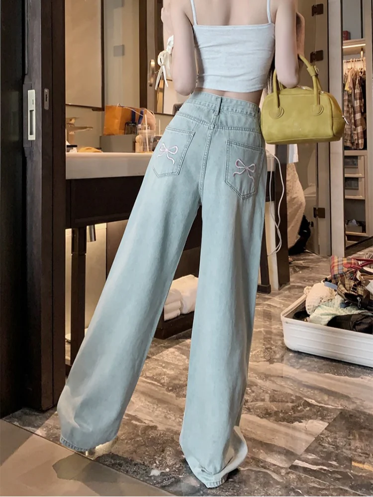 

High Waist Summer Thin Wide Leg Jeans Women's Embroidered Knot Slimming Floor-Length Denim Pants