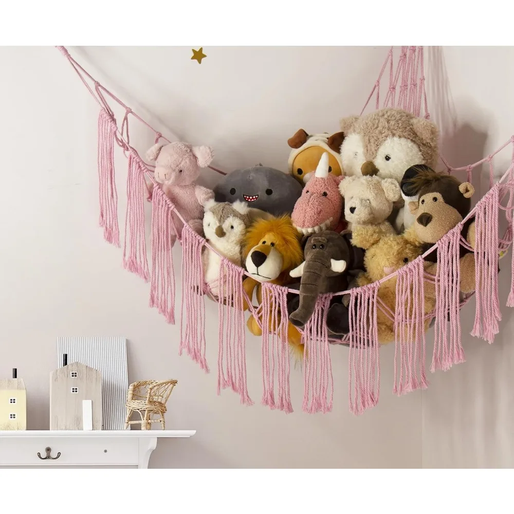 Stuffed Animal Hammock Corner Net with LED Light - Toy Storage Holder - Pink Cute Room Bedroom Decor for Teen Girls - Cute Bedro