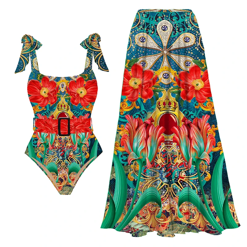 2024 Bow-tie Printed One Piece Swimsuit and Pants and Skirt Women Swimwear Monokini Clearance Wholesale