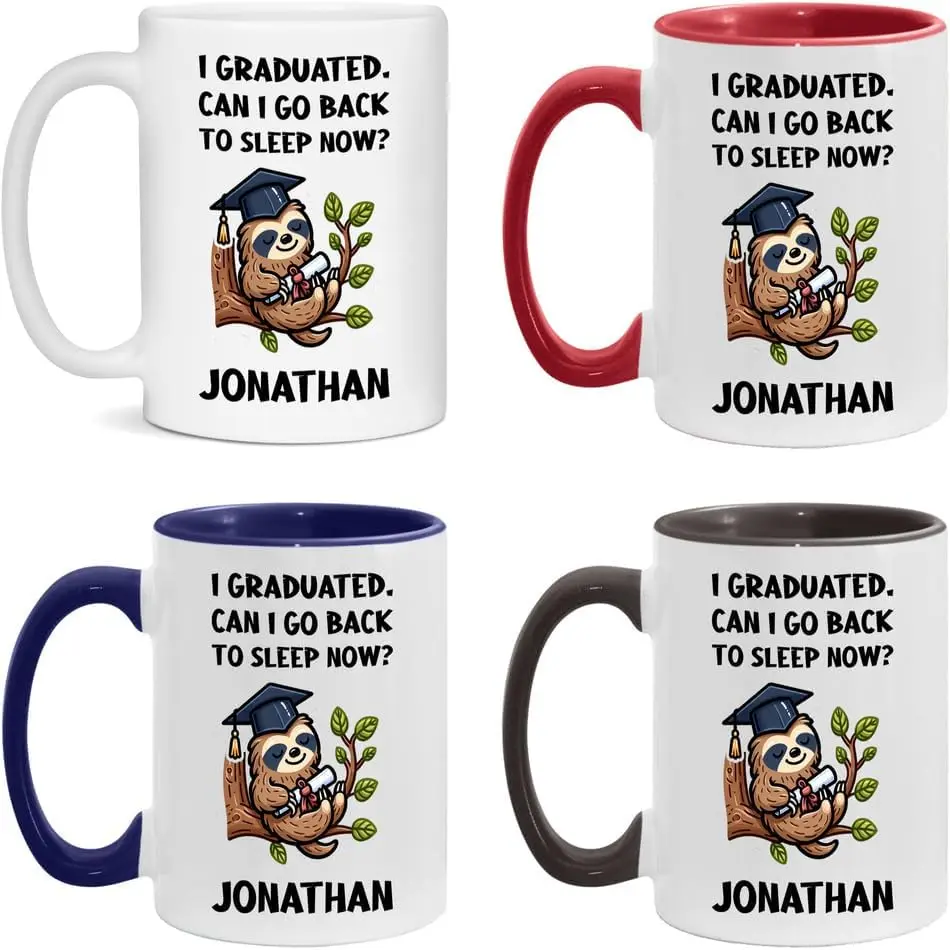 Jonathan Funny Graduation Mug, Personalized Class of 2024 Senior Gift, Custom Sloth I Graduated White 11oz Cup