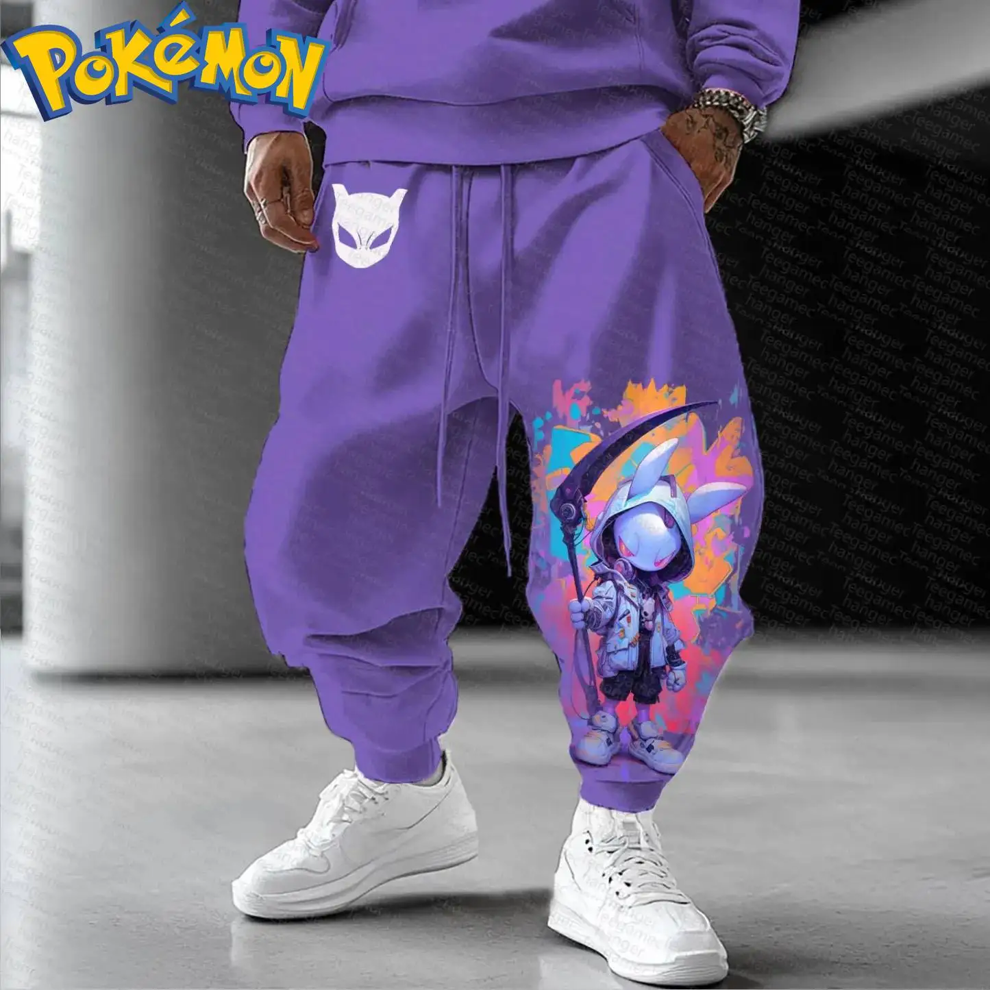 بوكيمون أنيمي بيكاتشو قلنسوة من القطن Harajuku فستان أطفال مع سروال داخلي طباعة شخصية أرجوانية مع غطاء محرك السيارة نمط ترشيش النيون قطعتين #2