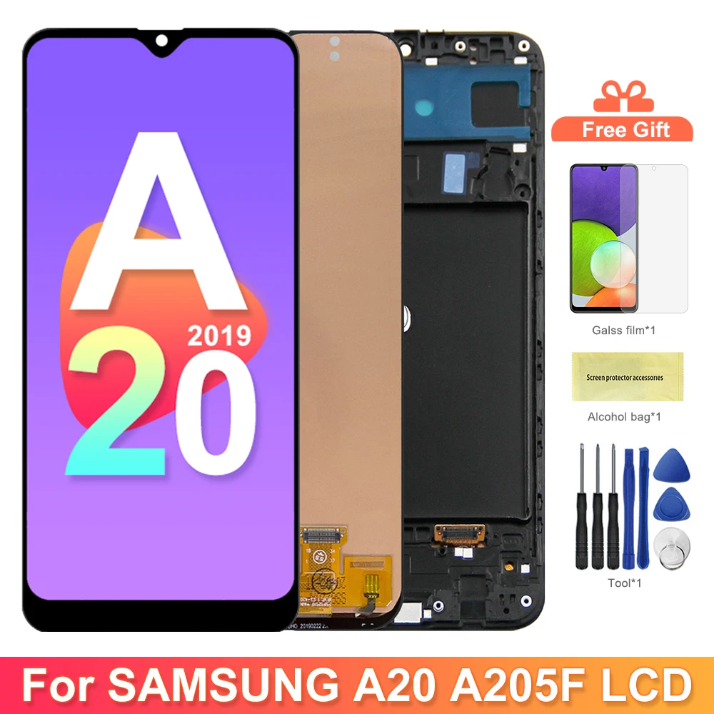 A20 Display Screen With Frame, for Samsung Galaxy A20 A205F/DS A205G/DS Lcd Display Touch Screen Digitizer Assembly Replacement