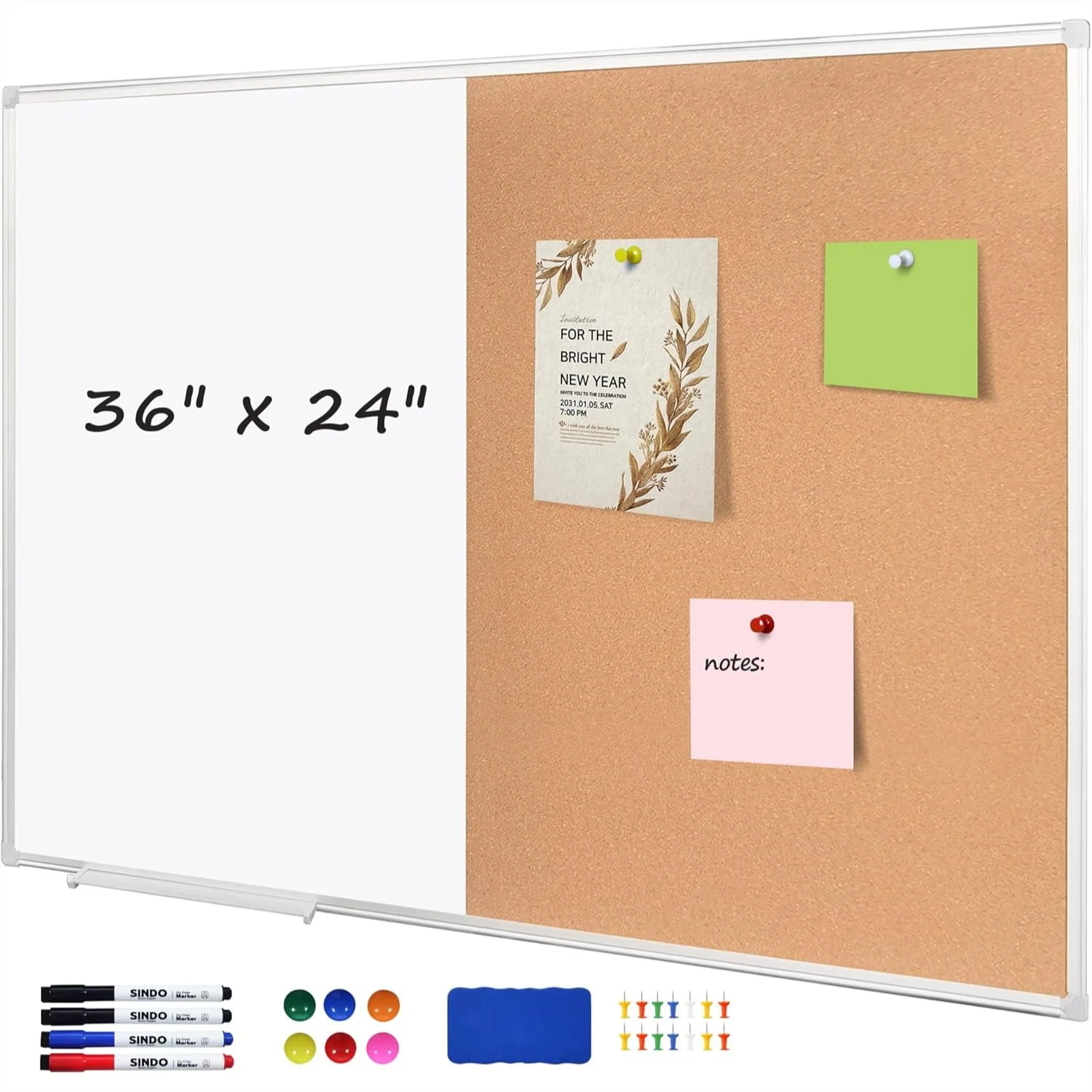 

Cork Bulletin Board 36x24 Inches, White Magnetic Dry Erase Board with Natural Cork Surface for Office Home School, Wall Mounted