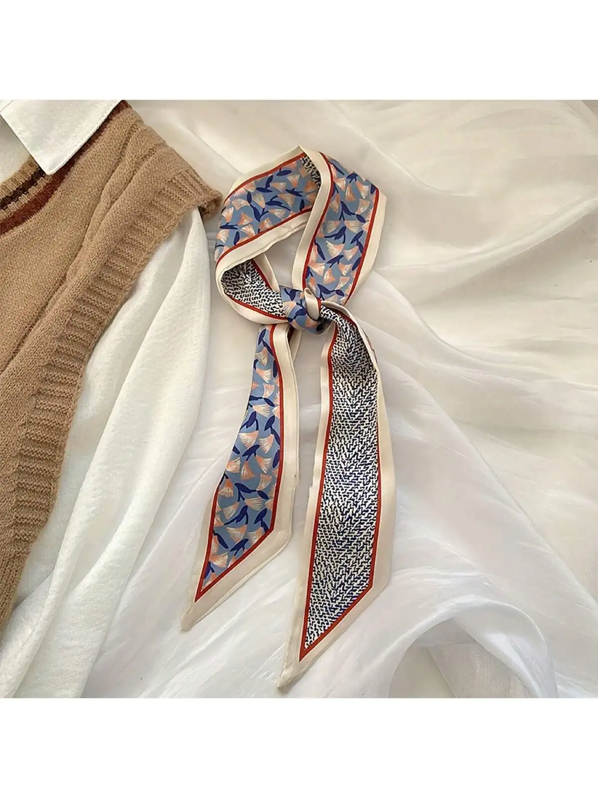 1pc Silk Scarf Summer Double Layer Thin Narrow Long Silk Scarf Diagonal Neckerchief Women Hair Ribbon Silk Scarf Fluttering Belt