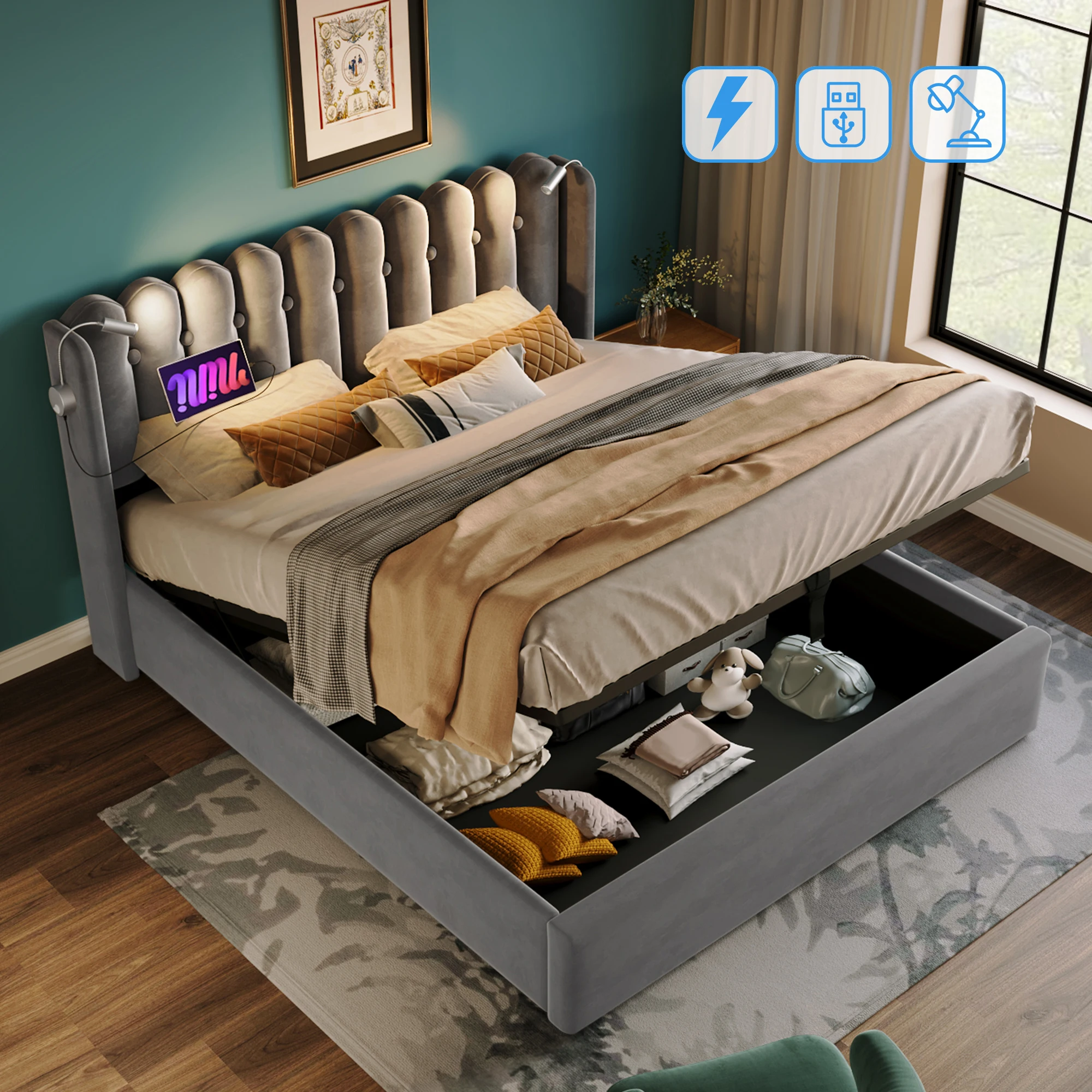 Lit coffre double 160 × 200 cm avec rangement USB et lampe de lecture sans matelas, velours gris