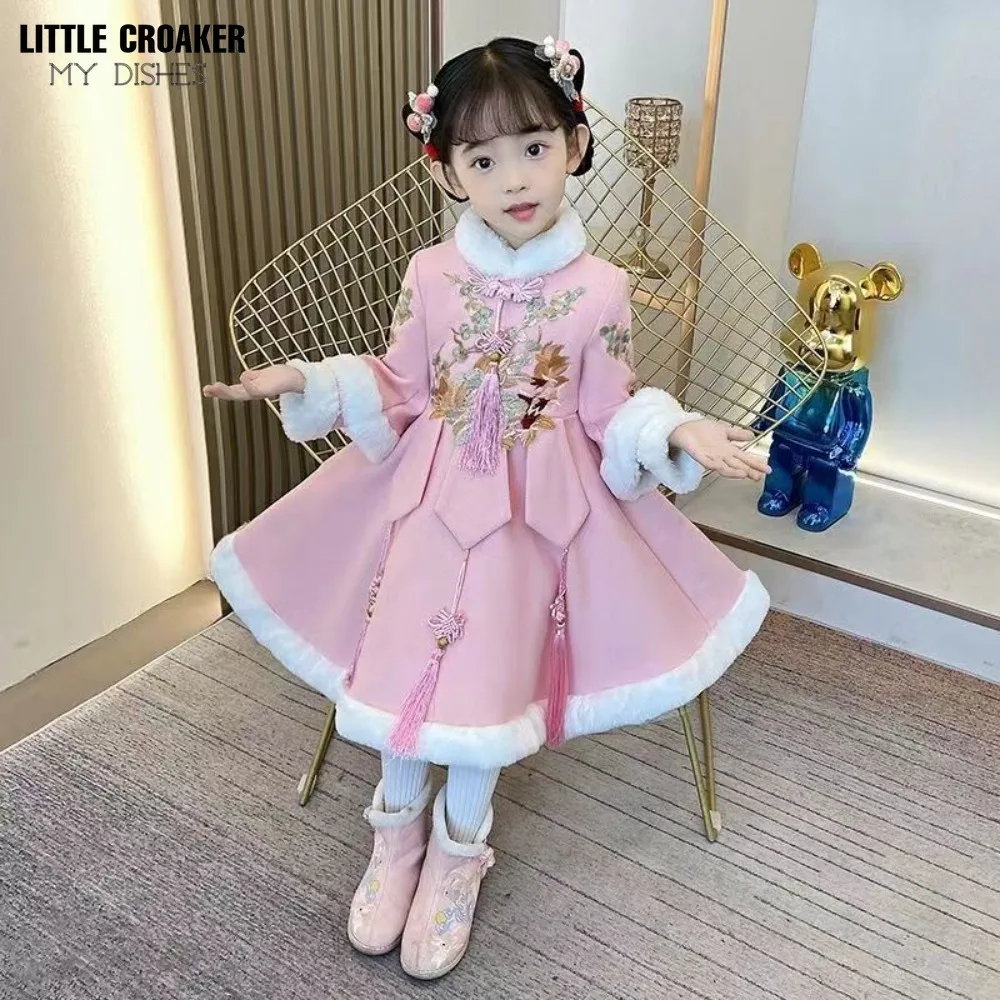 

Red Girls Chinese New Year Outfits Children Winter Tang Suit Cheongsam Flower Girl Dress Ancient Princess Hanfu Costume Kids