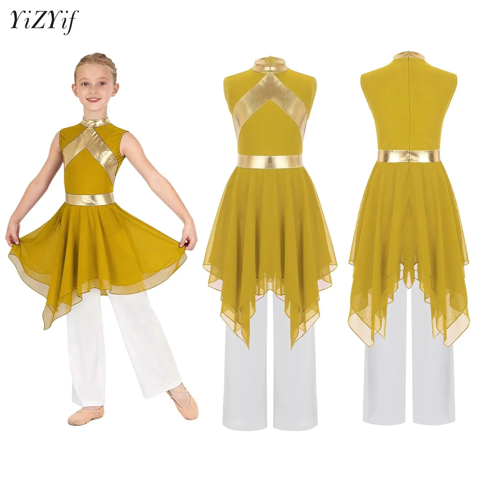 

Girls Lyrical Dance Dress with Wide-Leg Pants Kids Celebration of Spirit Church Stage Performance Worship Liturgical Dancewear