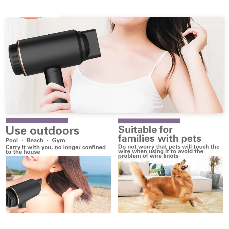 Secador de cabelo iônico profissional de 400 W - portátil sem fio e recarregável para uso em hotel/casa (secagem rápida, leve, baixo ruído) ​