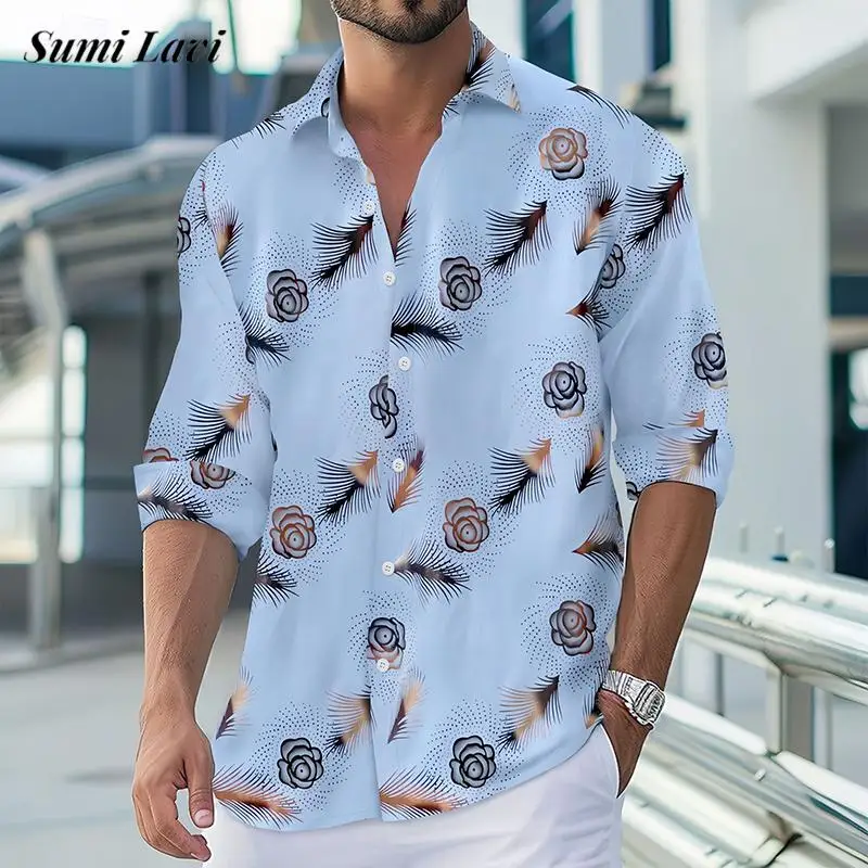 New Casual Loose Long Sleeve Mens Shirts Fall Leisure Button-up Turn-down Collar Cardigan Tops Men Stylish Florals Print Shirt