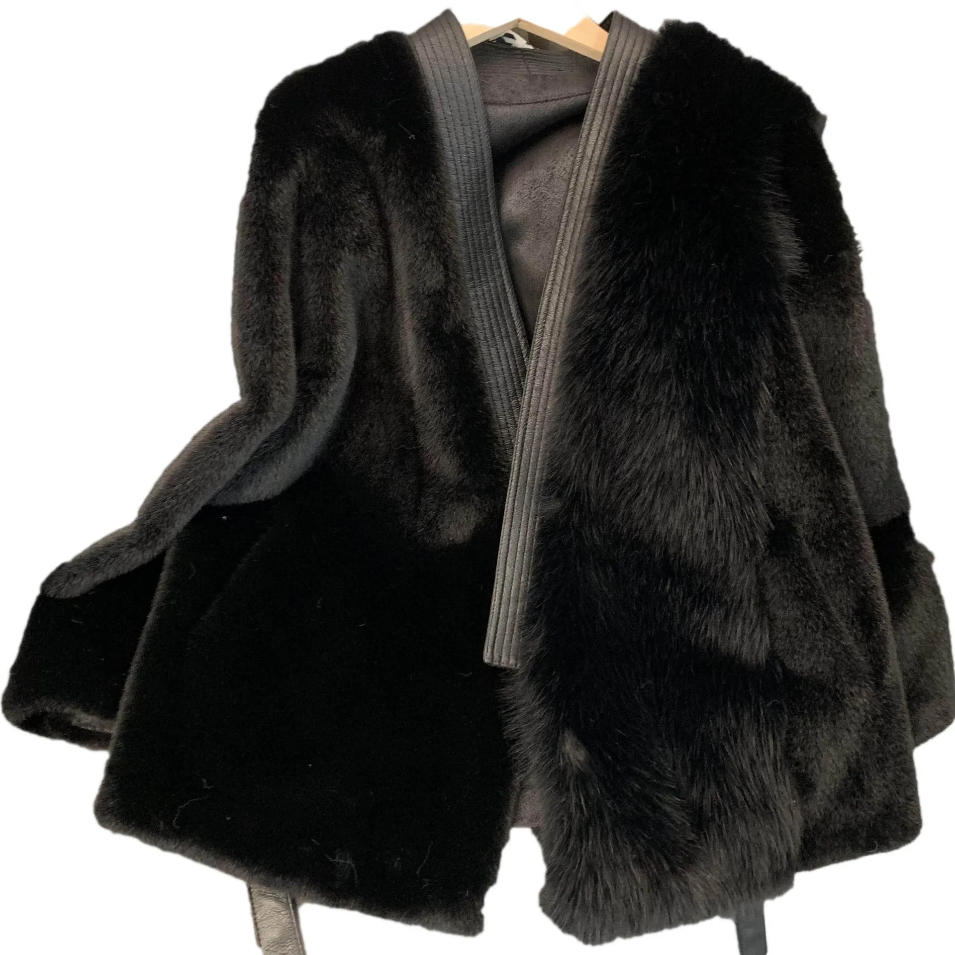 2022 New Imitation Mink Fur Golden Mink Velvet Belt Bathrobe Eco-friendly Fur Pure Black Slimming Coat