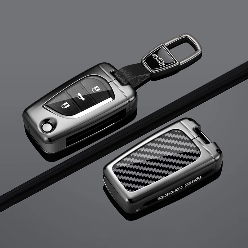 Metal Carbon Fiber Car Key Case Cover For Toyota CHR Corolla Hatchback Sedan RAV4 Camry LE Hilux Protector Keychain Accessories