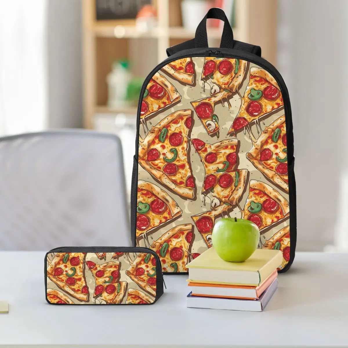 Cartoon Pizza And Cheese Pattern Backpack Boys Girls BookBag School Bag Shoulder Bags 3ps Insulated Lunch Bag Pencil Case