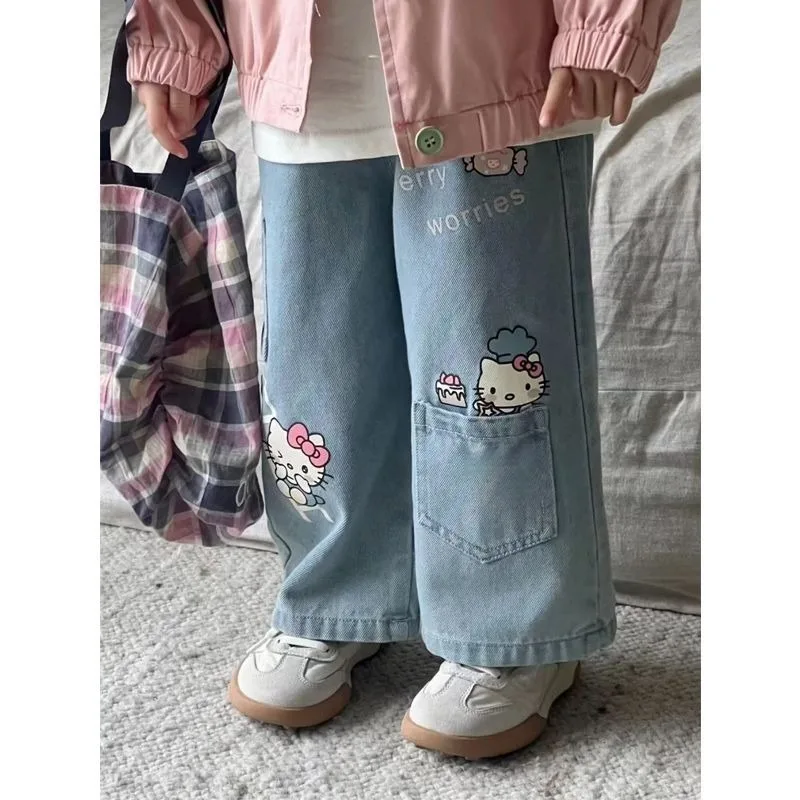 

Kawaii Hello Kitty Sanrio Student Cute Cartoon Jeans Children Comfortable Pants Baggy Straight Pants Christmas Gifts for Kids